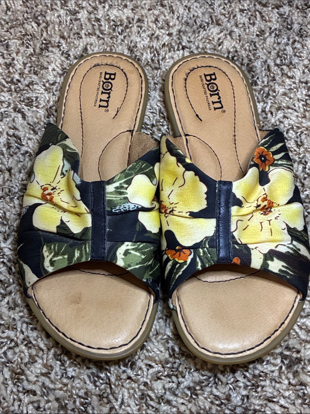 Born Black Floral Slip-On Mules with Yellow Blooms